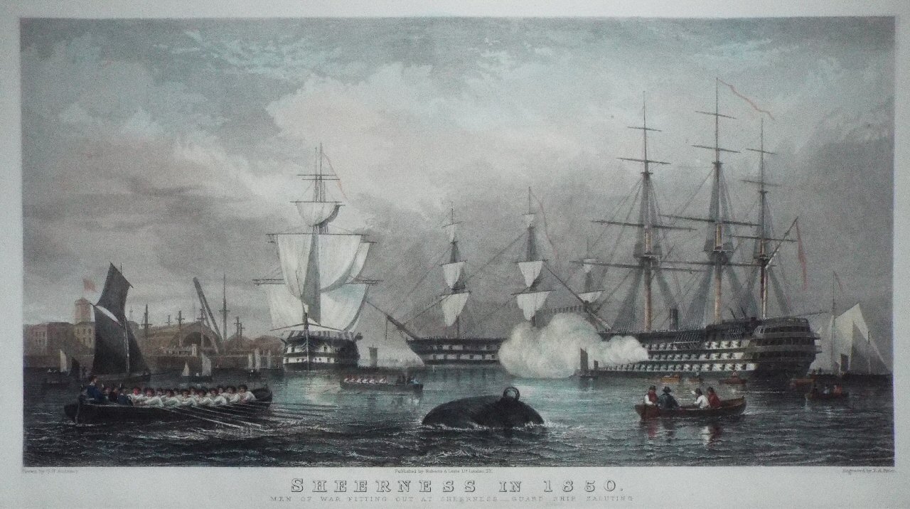 Print - Sheerness in 1850. Men of War Fitting Out at Sheerness - Guard Ship Saluting - Prior